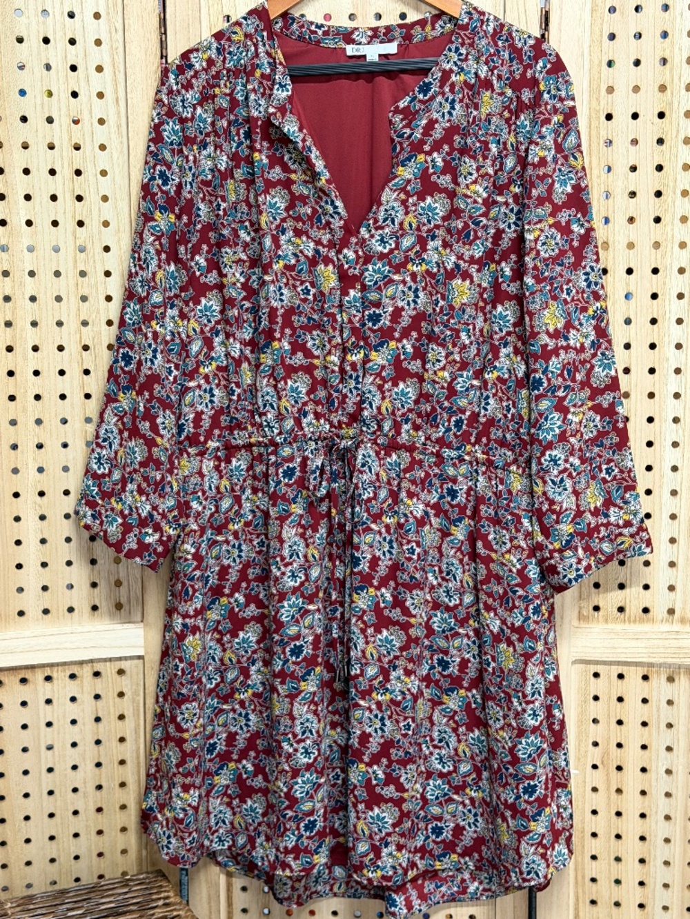 DR2 XL Burgundy Floral Boho Fall Dress Tie Waist Bell Sleeve